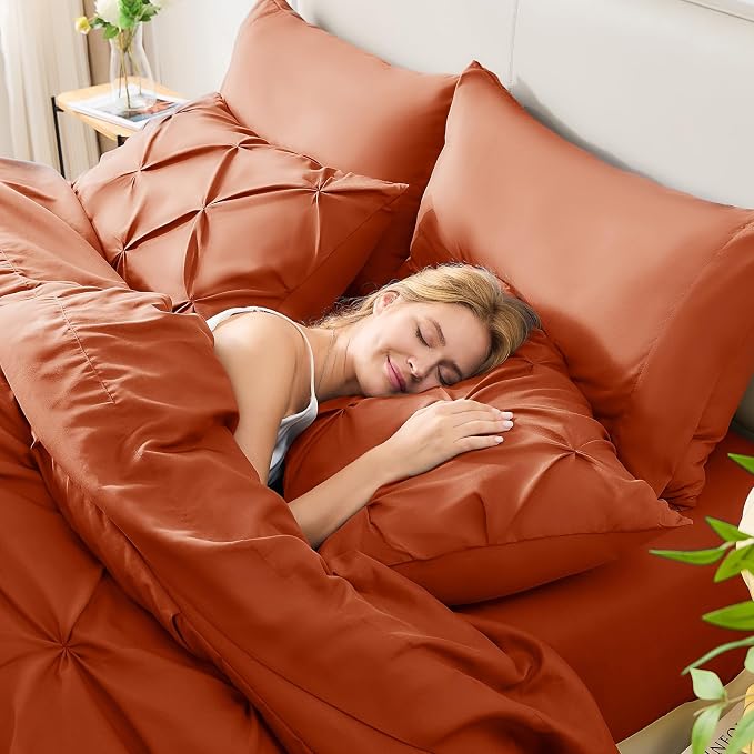HIMEET Pintuck Bed in a Bag, 7 Pieces King Size Comforter Set Burnt Orange - Image 7