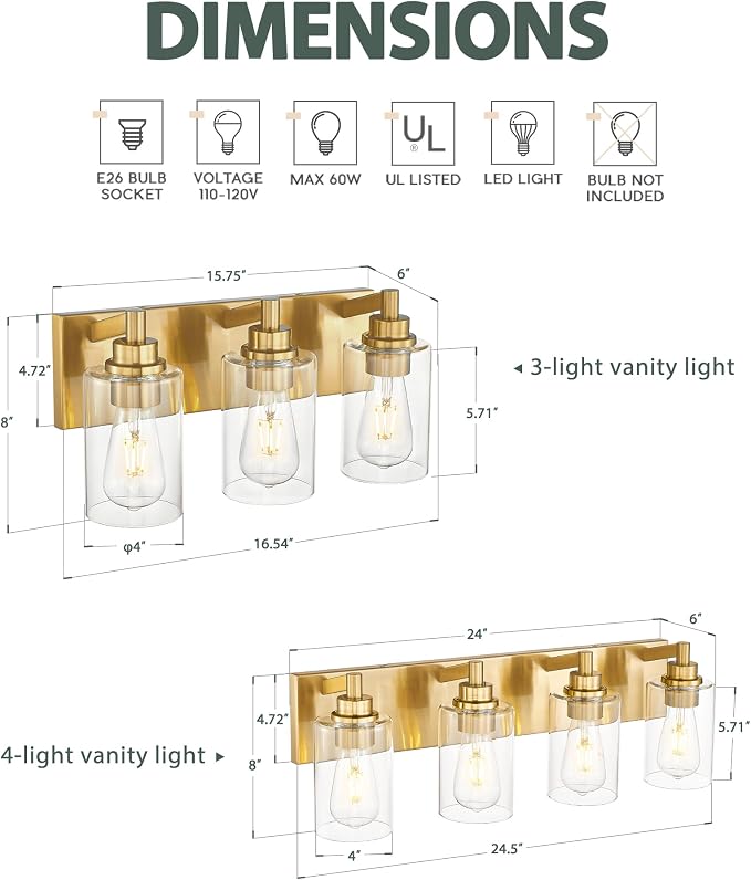 4-Light Bathroom Light Fixtures, Brushed Gold Vanity Light - Image 3