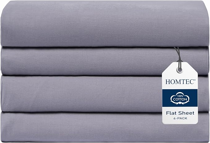 Full Size Flat Sheet 4 Pack, 100% Cotton Percale Flat Bed Sheet, Breathable & by HOMTEC