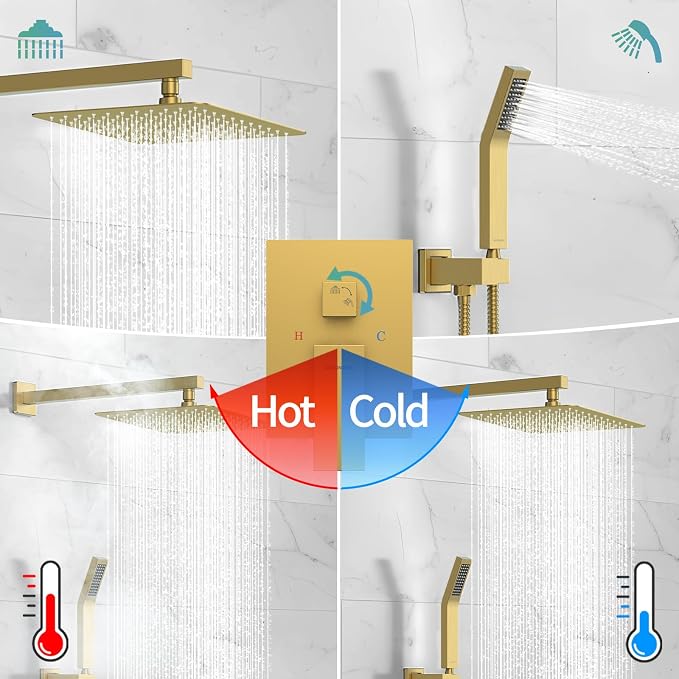 SR SUN RISE Shower Faucets Sets Complete Brushed Gold Square Rain Shower Head - Image 6