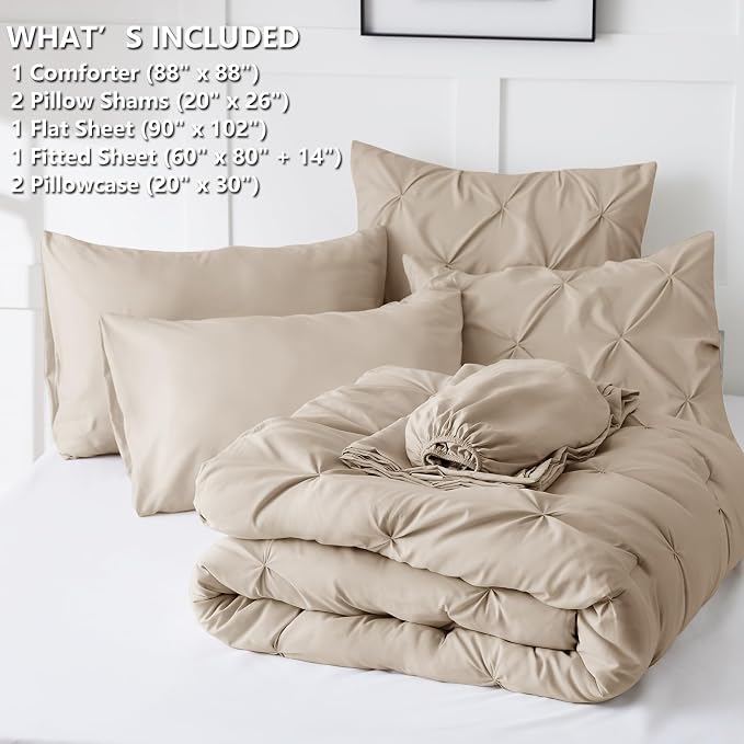 CozyLux Queen Comforter Set Wheat, 7 Pieces Pintuck Bed in A Bag, Premium Wheat - Image 6