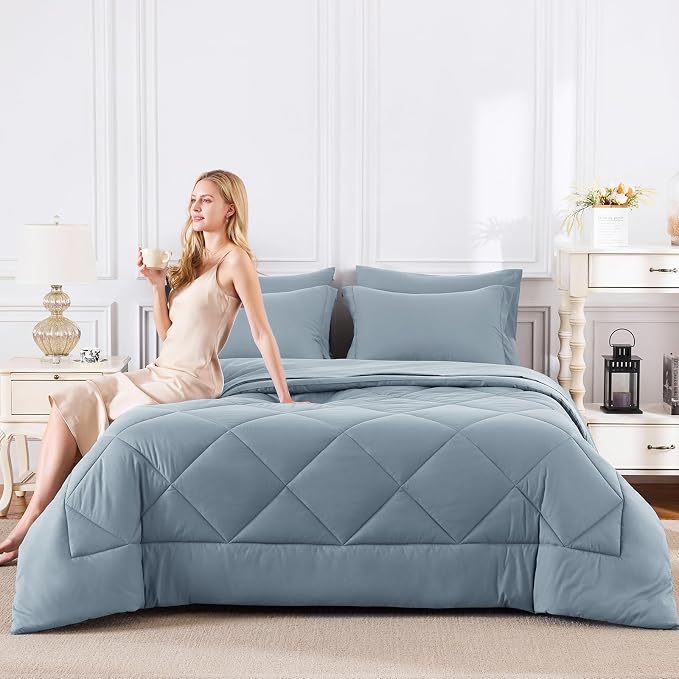 CozyLux Oversized Queen Comforter Set Dusty Blue, 7 Pieces Bed in a Bag - Image 7
