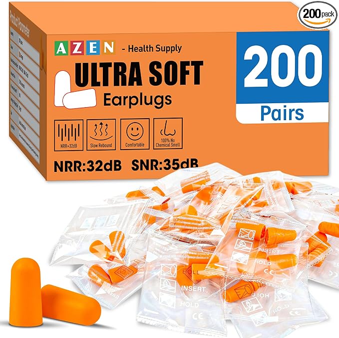 AZEN 200 Pairs Ear Plugs, NRR 32dB Soft Foam Ear Plugs by AZEN