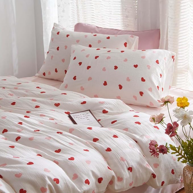 Nayoroom Heart Duvet Cover Set Queen Size Red Pink Hearts Printed on White - Image 7