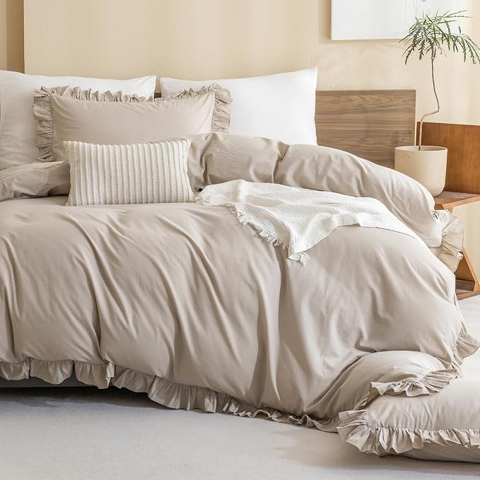 QSH Washed Cotton Queen Duvet Cover Set Ruffle Duvet Cover Linen Textured - Image 4