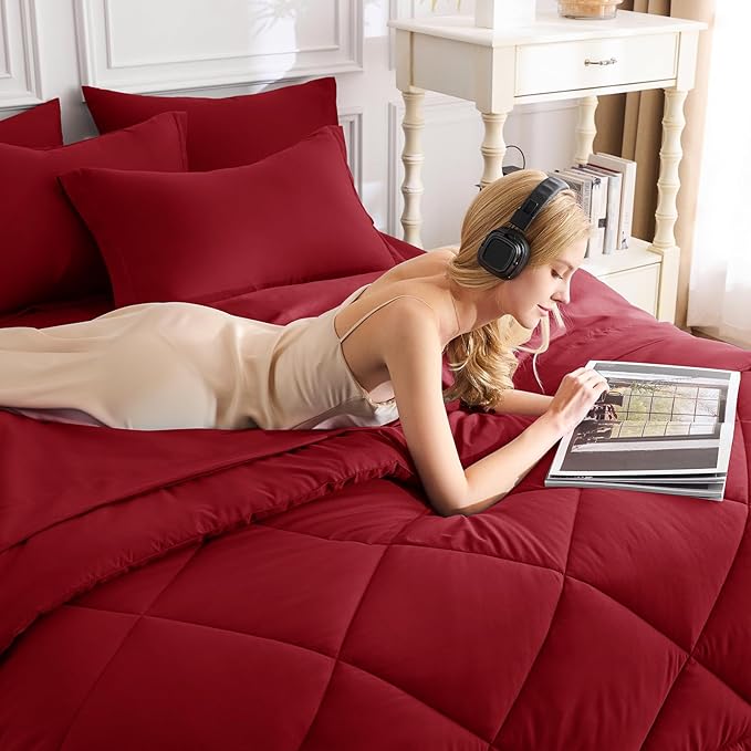 CozyLux Queen Comforter Set Dark Red - Image 4