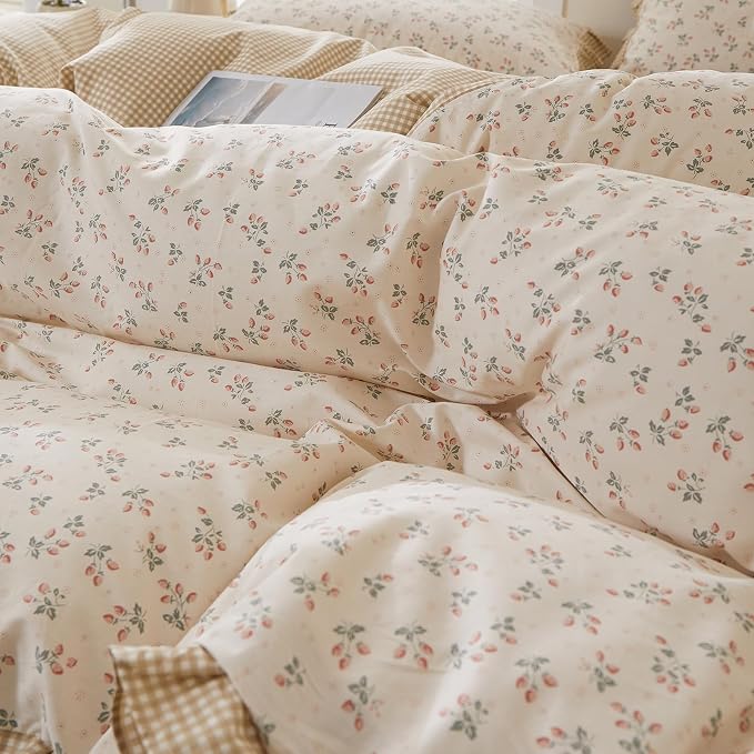 mixinni Beige Floral Duvet Cover Queen Size, 100% Cotton Cute Strawberry Floral - Image 8