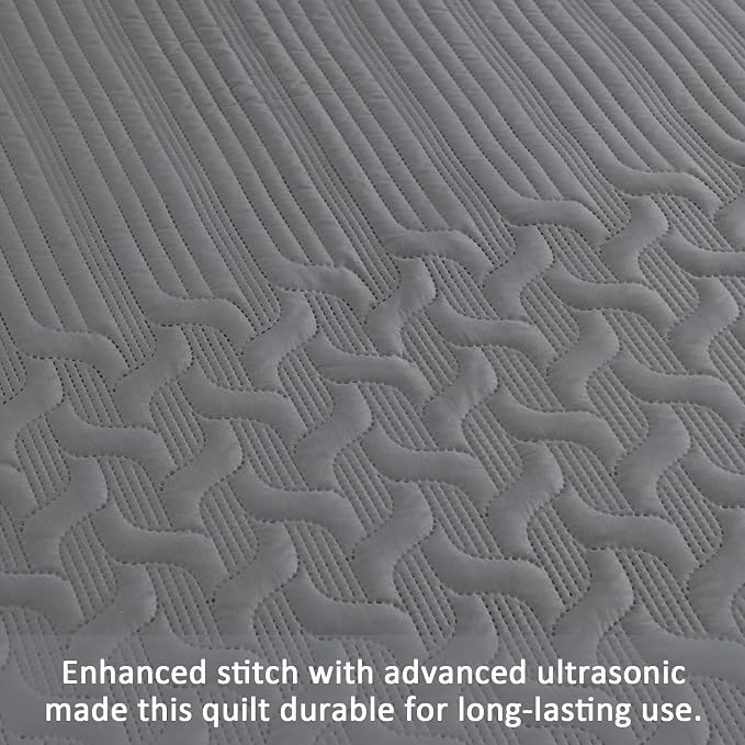 Yiran Grey Quilt Set Queen Size Lightweight Bedspread Ultrasonic Wave Pattern - Image 5