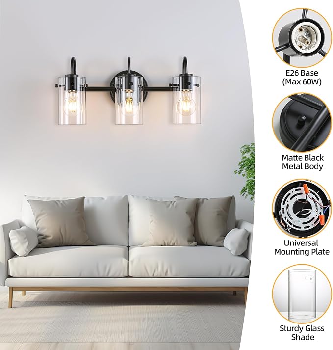 3 Lights Vanity Lights, Matte Black Bathroom Wall Light Fixtures over Mirror - Image 3