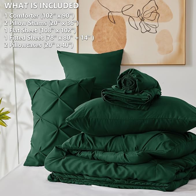 HIMEET Pintuck Bed in a Bag, 7 Pieces King Size Comforter Set Emerald Green - Image 8