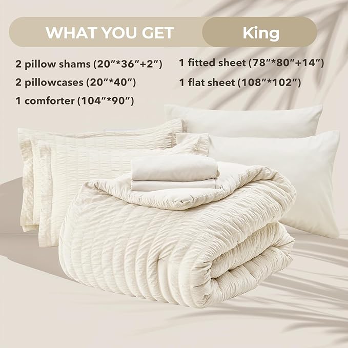 HYMOKEGE Ivory King Size Comforter Set Seersucker 7 Pieces, All Season Luxury - Image 5