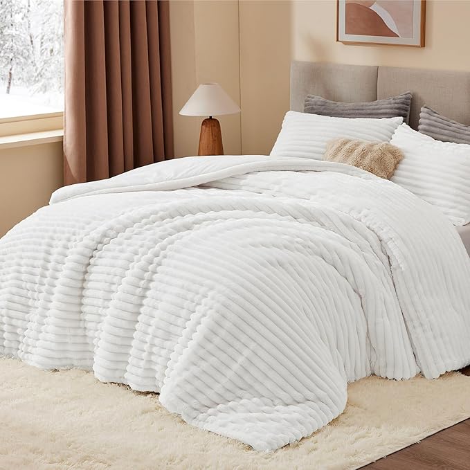 BEDELITE Fleece Queen Comforter Set -Super Soft & Warm Fluffy Bright White - Image 2