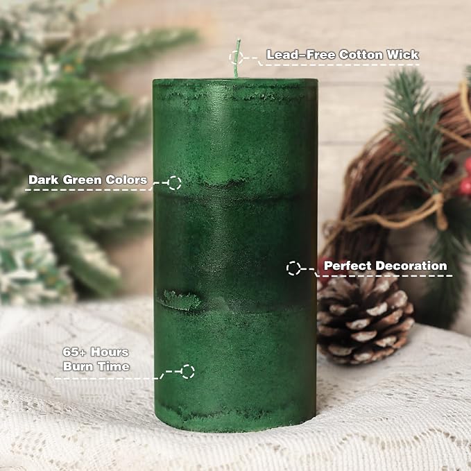 Dark Green Pillar Candles 3x6 Inch Fir Scented Candles Hand-Poured Long Lasting - Image 3