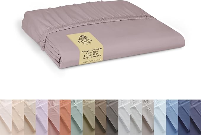 Linen Home 100% Cotton Percale Weave Fitted Sheet, Twin Size, Mauve Lavender by LINENHOME