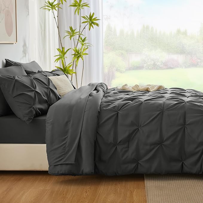 HIMEET Pintuck Bed in a Bag, 5 Pieces Twin XL Comforter Set Dark Grey, Extra - Image 8