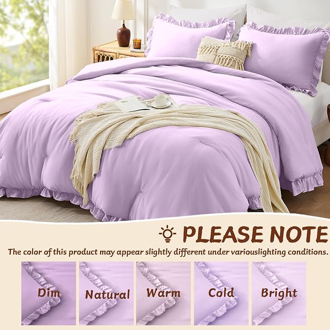 FUANNA Queen Comforter Set Lavender, 3 Pieces Ruffle Queen Bed Set, Fluffy Bed - Image 6