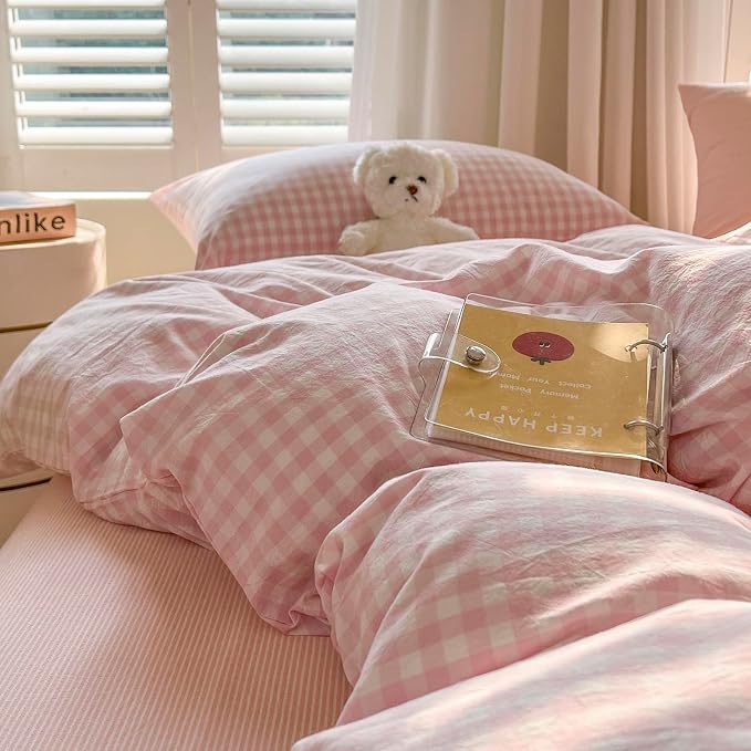 mixinni Light Pink Gingham Duvet Cover Set Queen Size - Image 7