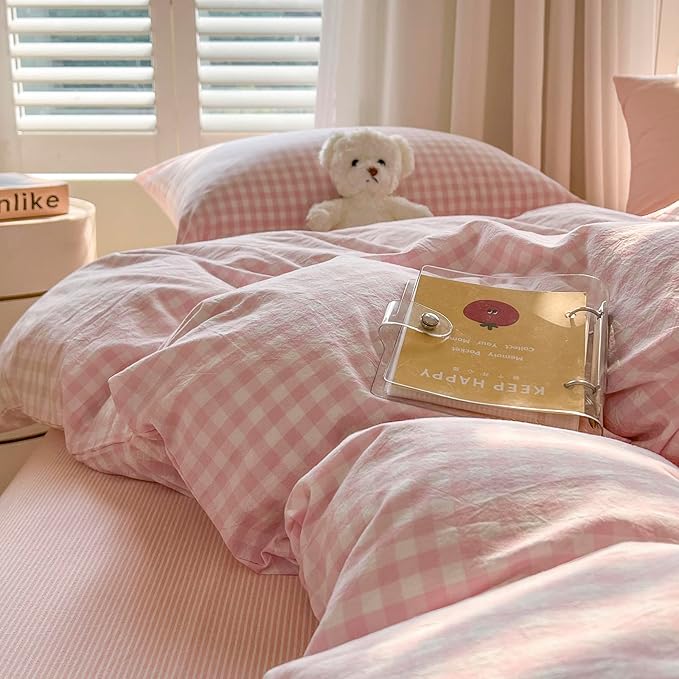 mixinni Light Pink Gingham Duvet Cover Set Twin XL Size - Image 8