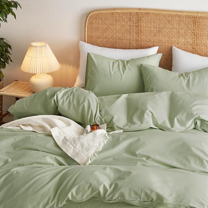 Wake In Cloud - Cotton Duvet Cover Set, Twin Size, Sage Green, 100% Washed - Image 4