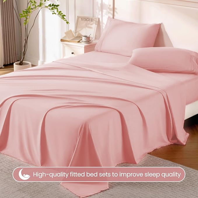 ROSE&RISY Pink Sheet Set, 4 Pieces Soft Bedding Queen Sheet Set, Breathable and - Image 2