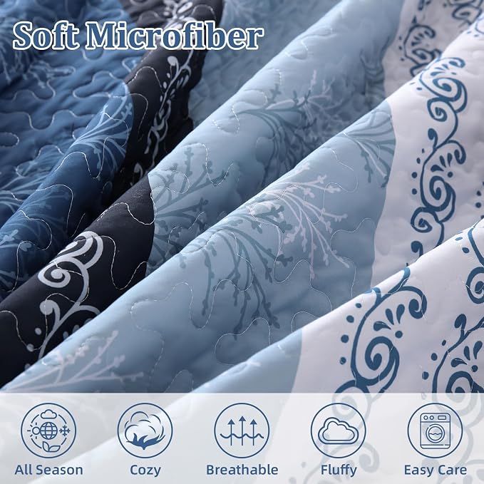 DJY Stripe Quilt Set Queen Size Blue Bedspread Coverlet Set 3 Pieces Boho - Image 5