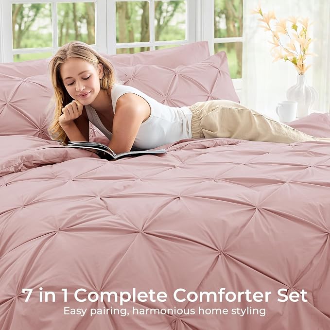 Sasttie King Size Comforter Set, 7-Piece Bed in a Bag, Pintuck Bedding Set - Image 6