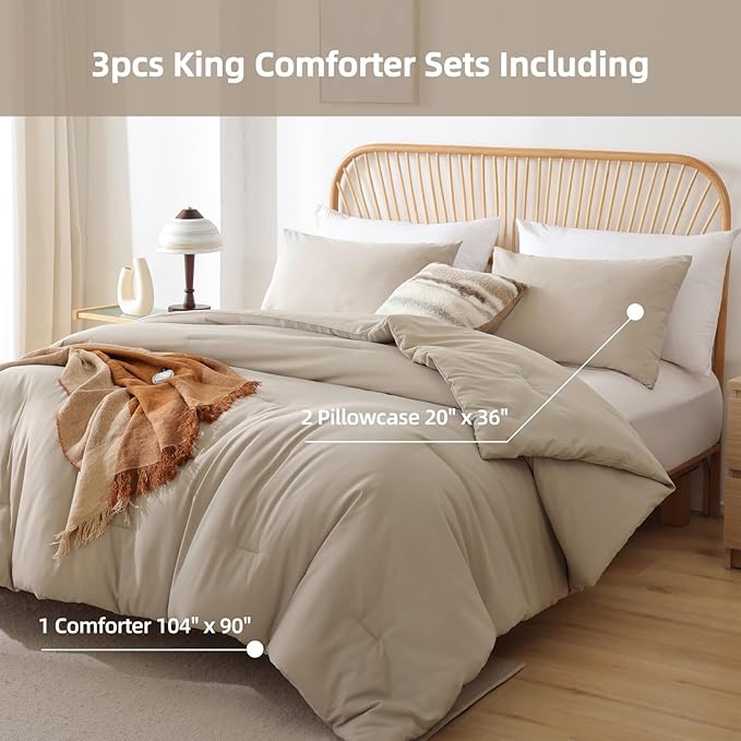 ROSGONIA King Size Comforter Set Light Khaki - Image 5
