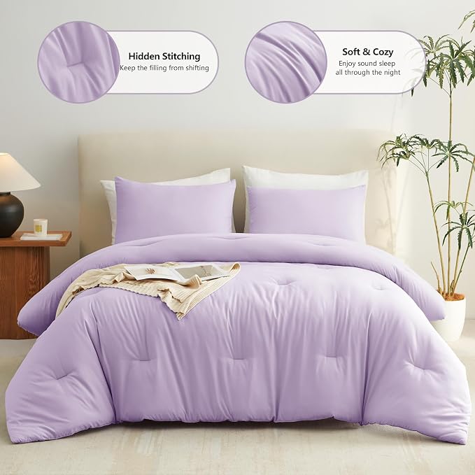 CozyLux Lavender Queen Comforter Set, 3 Pieces Light Purple Solid Breathable - Image 2