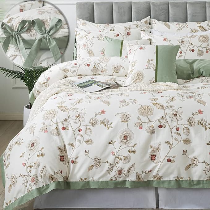 FADFAY Floral Bedding Set Twin 100% Cotton Shabby and Chic Beige Green by CottonWorldSweetDream