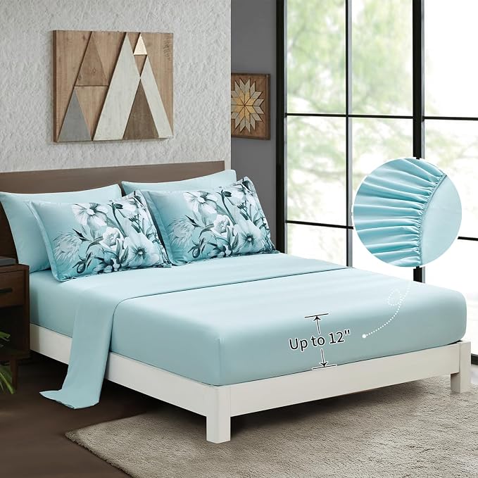 Luxudecor Floral Comforter Set Twin Size 7 Piece, Aqua Flower Bed in a Bag - Image 4