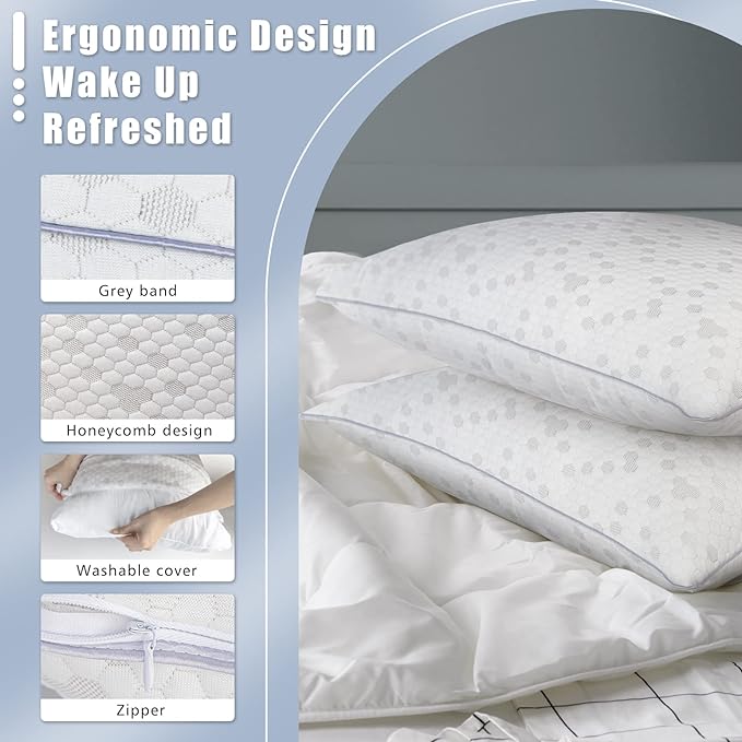HIMOON Shredded Memory Foam Pillows, Medium Firm Queen Size Pillows 2 Pack - Image 4