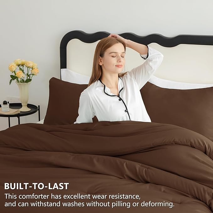 CozyLux Queen Comforter Set Brown, 3 Pieces Solid Comforters Queen Size - Image 3