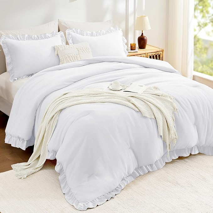 FUANNA Full Size Comforter Sets White, 3 Pieces Ruffle Full Size Bedding Sets - Image 2