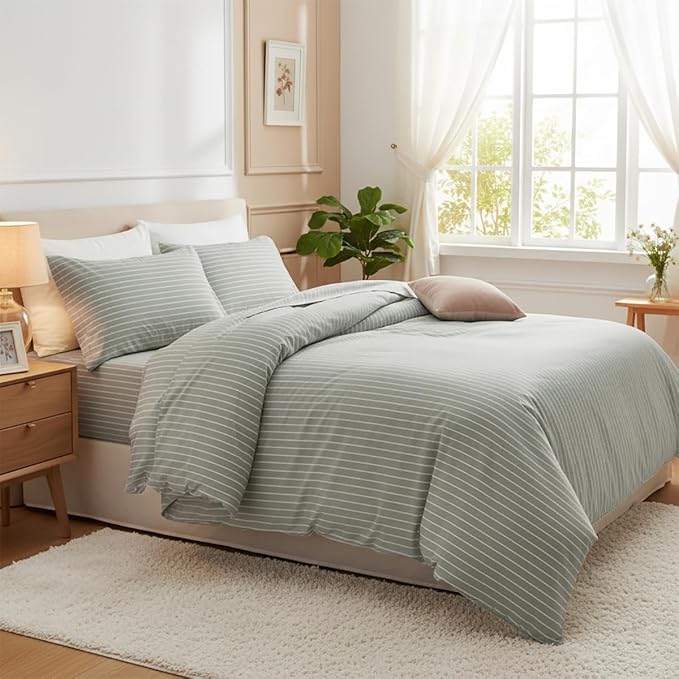 Nayoroom Green Striped Duvet Cover Queen Size 100% Washed Cotton White - Image 5