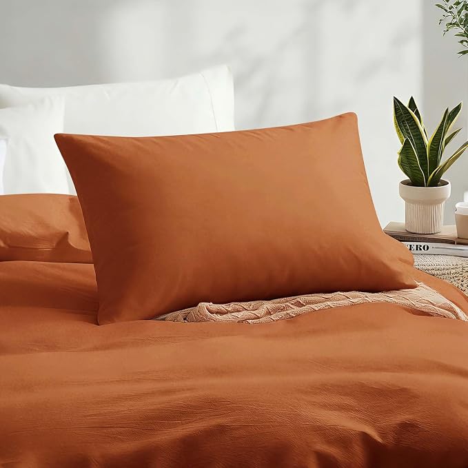 LOVQUE Burnt Orange Cotton Duvet Cover Twin Size, Linen Like Natural Bedding Set - Image 3