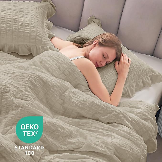JOLLYVOGUE Queen Comforter Set, 3 Pieces Linen Seersucker Comforters Queen Size - Image 6