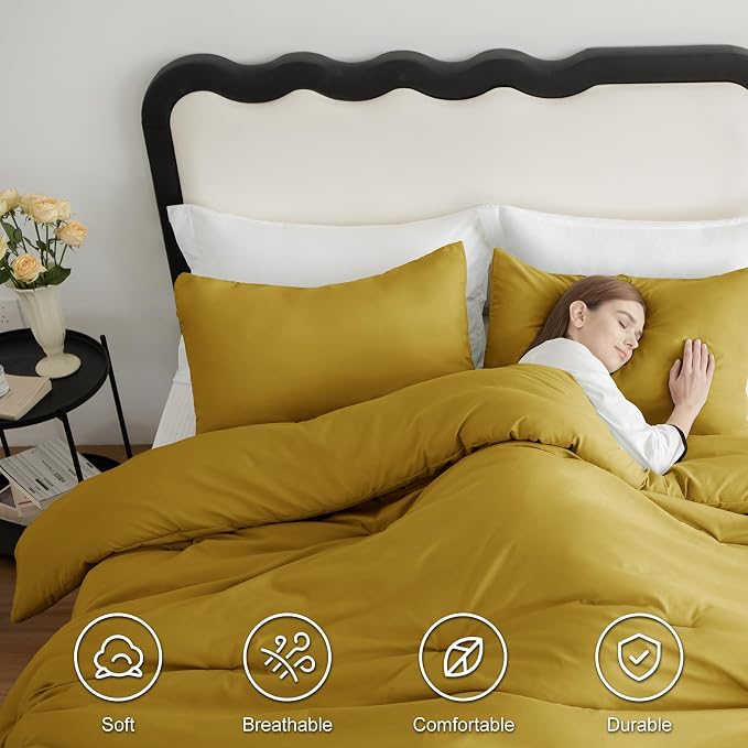 CozyLux Queen Comforter Set Mustard Yellow, 3 Pieces Solid Comforters Queen - Image 5