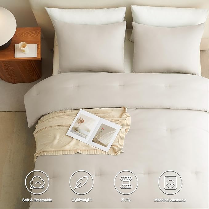 CozyLux Beige Queen Comforter Set, 3 Pieces Boho Solid Breathable Quilted Style - Image 4