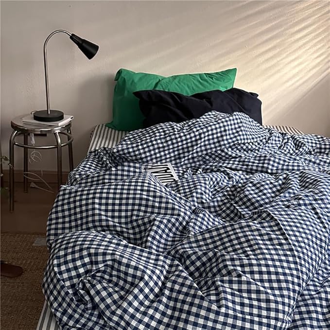 Nayoroom Navy Blue Gingham Duvet Cover Queen Size 100% Washed Cotton Plaid - Image 4