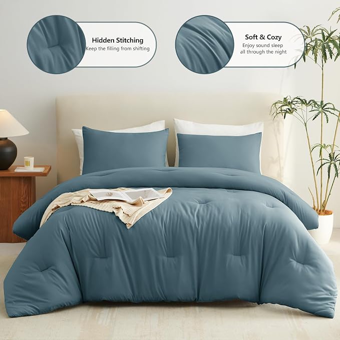 CozyLux King Size Comforter Set Mineral Blue, 3 Pieces Solid Comforters King - Image 2