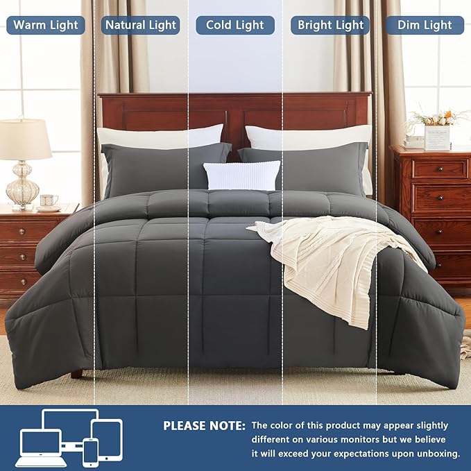 CozyLux Oversized King Comforter Set, 3 Pieces Dark Grey 120x98 Box Stitched - Image 5
