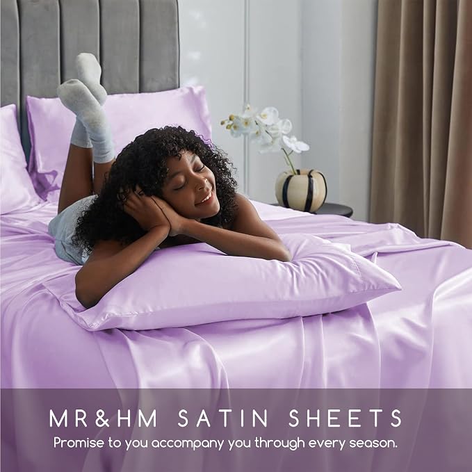 MR&HM Satin Bed Sheets with Elastic Corner Straps, King Size Sheets Set - Image 6