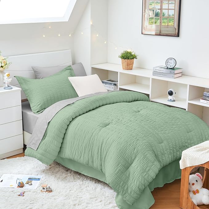 HYMOKEGE Sage Green/Light Grey Twin XL Comforter Set Seersucker 5 Pieces by HYMOKEGE