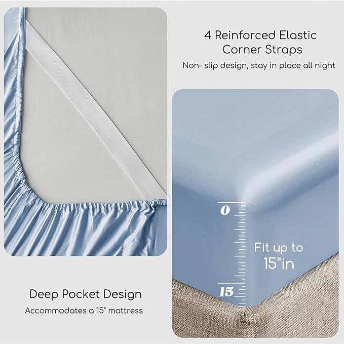 MR&HM Satin Bed Sheets with Elastic Corner Straps, Full Size Sheets Set - Image 4