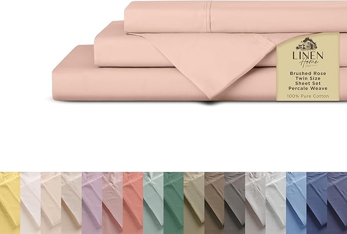 Linen Home 100% Cotton Percale Sheets Twin Size, Brushed Rose, Deep Pocket by LINENHOME