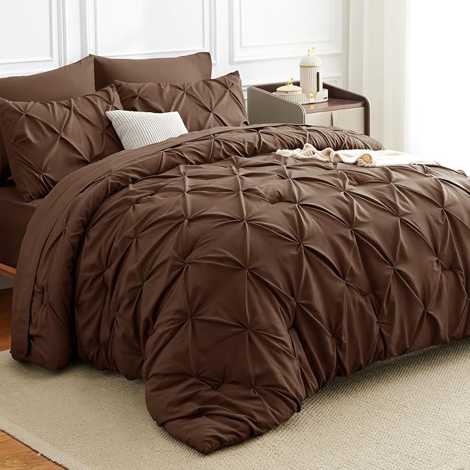 CozyLux Full Size Comforter Sets Brown, 7 Pieces Pintuck Bed in A Bag Brown - Image 4
