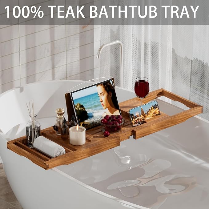Teak Bathtub Caddy Tray for Tub, Foldable Luxury Bath Table Tray - Image 2