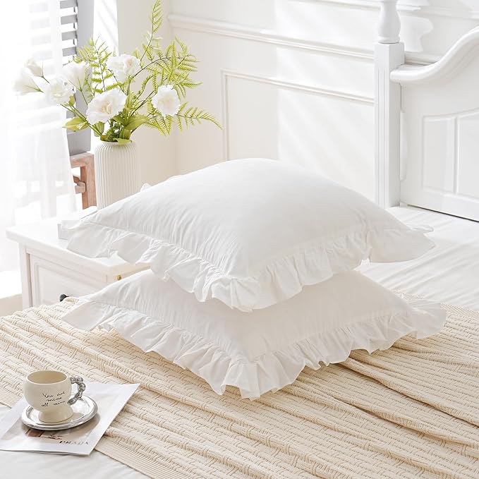Vintage Off White Ruffle Euro Shams Shabby Farmhouse Pillow Cover 100% Washed - Image 4