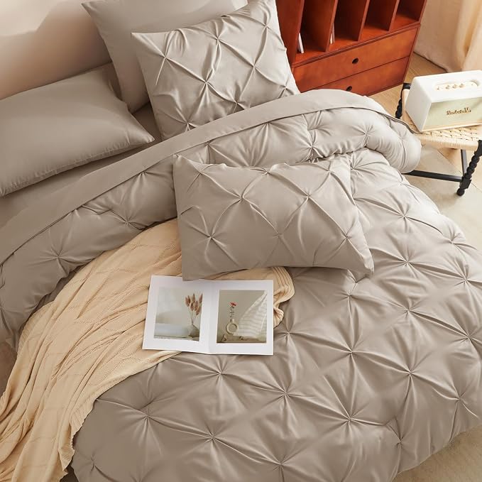 CozyLux King Size Comforter Set Taupe, 7 Pieces Pintuck Bed in A Bag Taupe - Image 4