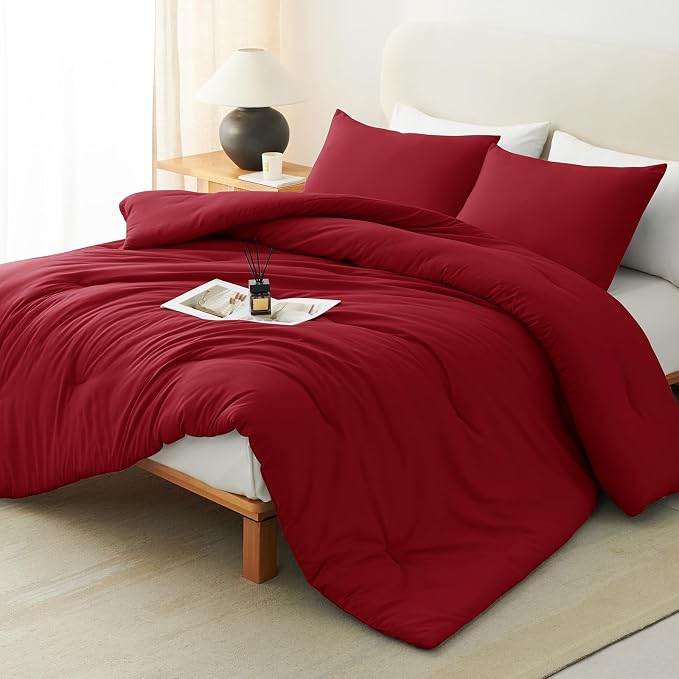 CozyLux Queen Comforter Set Dark Red, 3 Pieces Solid Comforters Queen Size - Image 8